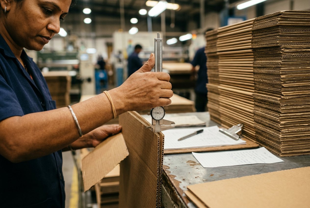 Quality check measuring corrugated board thickness with calipers