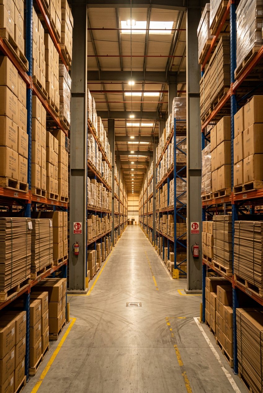 Racked finished goods inventory of corrugated boxes